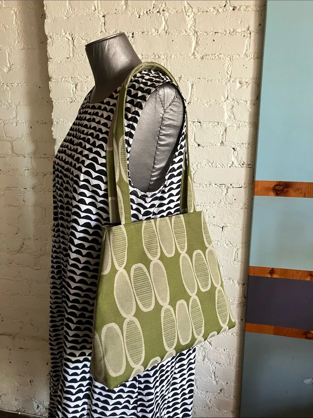 Refinery Green Osmosis Retro Patterned Trapezoid Shoulder Tote Bag Handmade - Picture 3 of 16